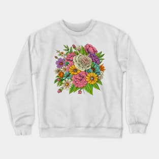 Roses and Colorful Flowers Pattern. Hand Drawn Floral Print Crewneck Sweatshirt